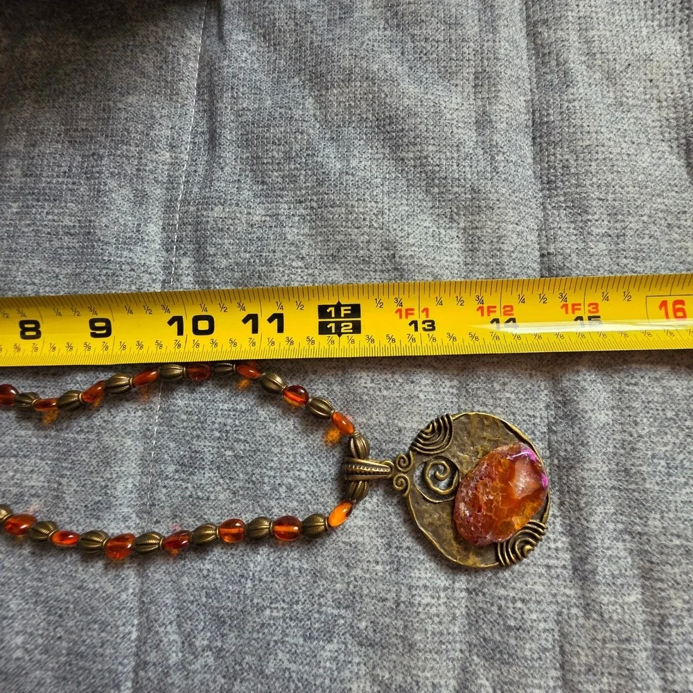 Bohemian‎ Druzy and Amber Stone Pendant Necklace Brass Tone Chain